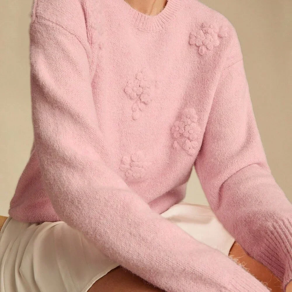Pink Romantic Women's Pastel 3D Flowers Embroidered Long Sleeve Cute Sweater